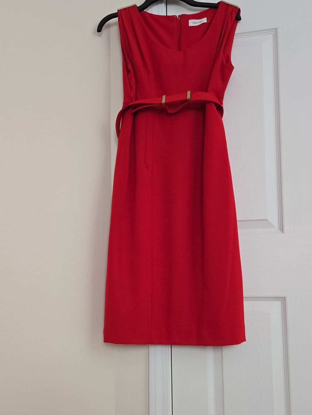 Calvin Klein Red Sleeveless Midi Dress with Waist Belt